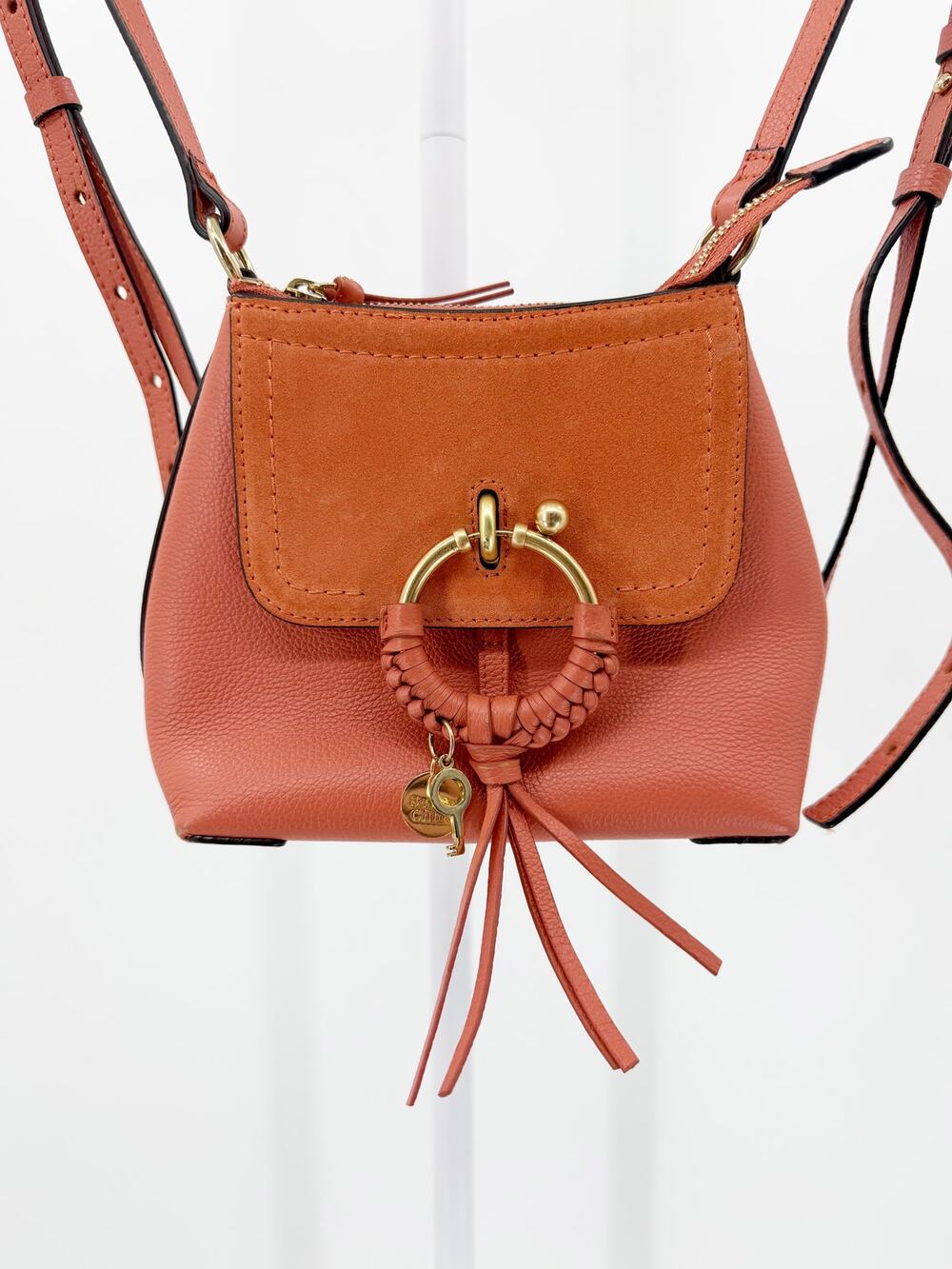 See by Chloe Joan Mini Tan Caramel Leather Suede Braided Ring Backpack Purse